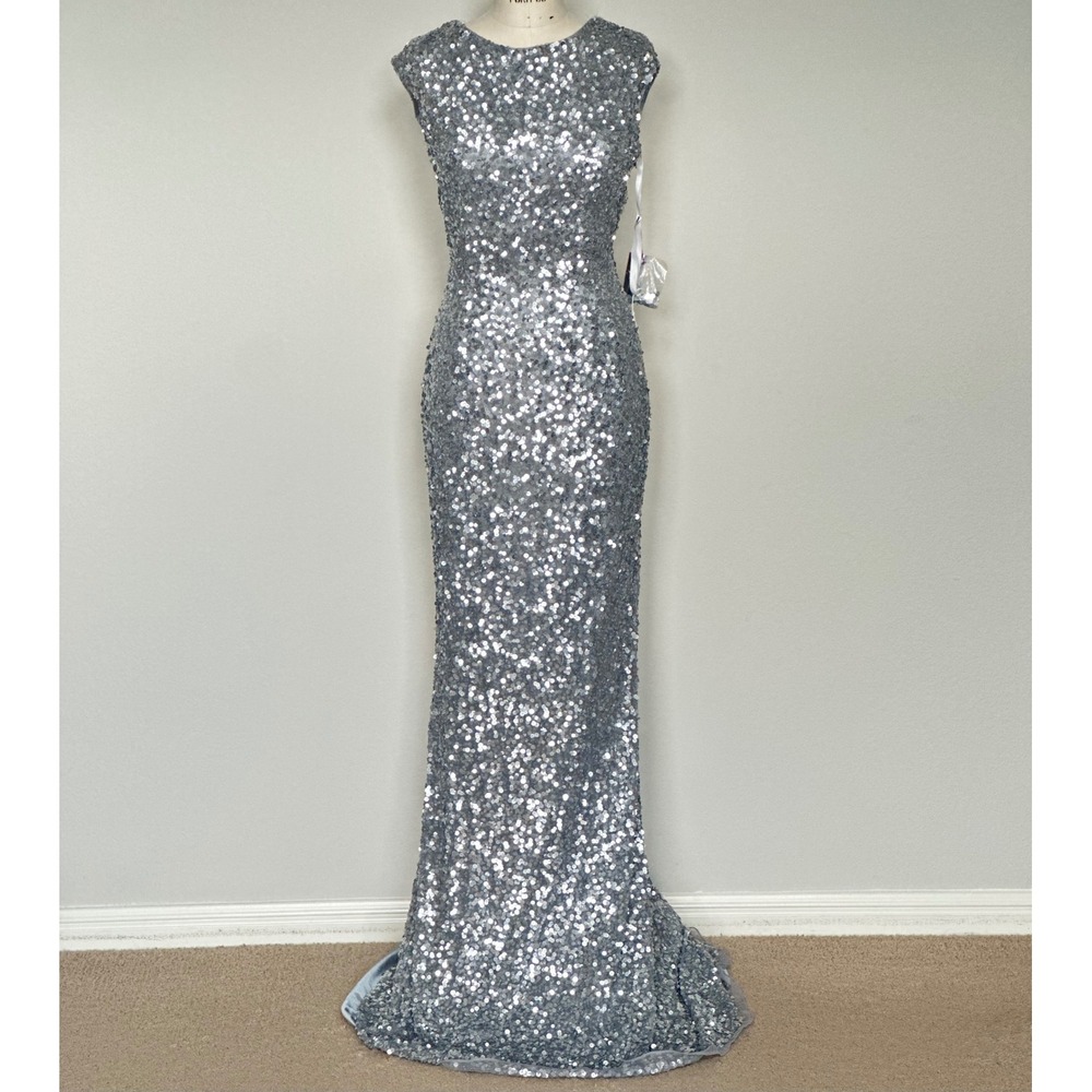 Primavera Silver Sequin Boat Neck Cap sleeve Cowl Back‎ Formal Evening  Dress 6
